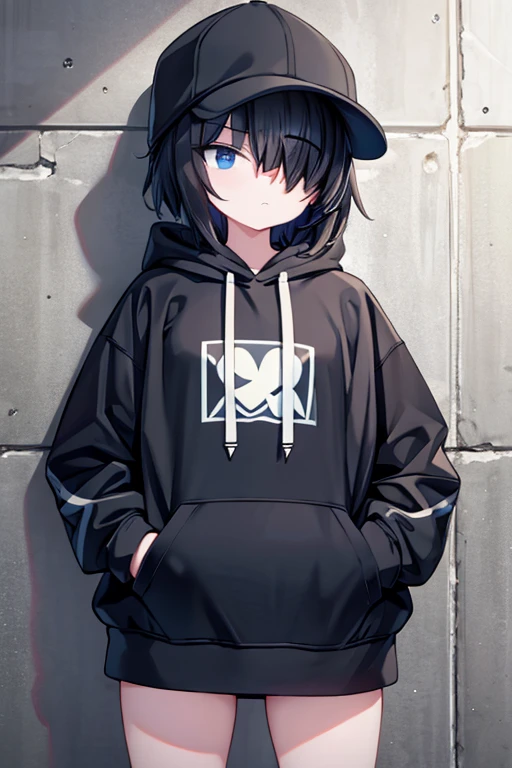 alley,One girl, Shortcuts, Mob Cap,hoodie,Hands in pockets,Leaning against a wall,inflate gum,Gaze, Only look at,cell phone,One eye is covered by hair