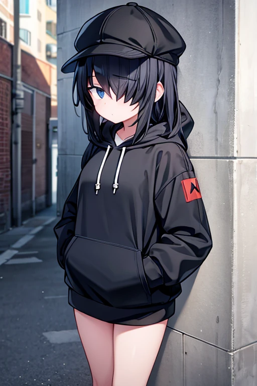 alley,One girl, Shortcuts, Mob Cap,hoodie,Hands in pockets,Leaning against a wall,inflate gum,Gaze, Only look at,cell phone,One eye is covered by hair