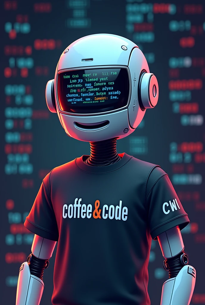 art of an avatar of a code reviewing robot wearing a black t-shirt with "Coffee && code" center, and CWI on right side uppercase and face like robo with visor reflecting Java code looking front of the camera like animations 2d. Friendly and kind robot. The background should be numbers like 0 and 1 reppeteadly