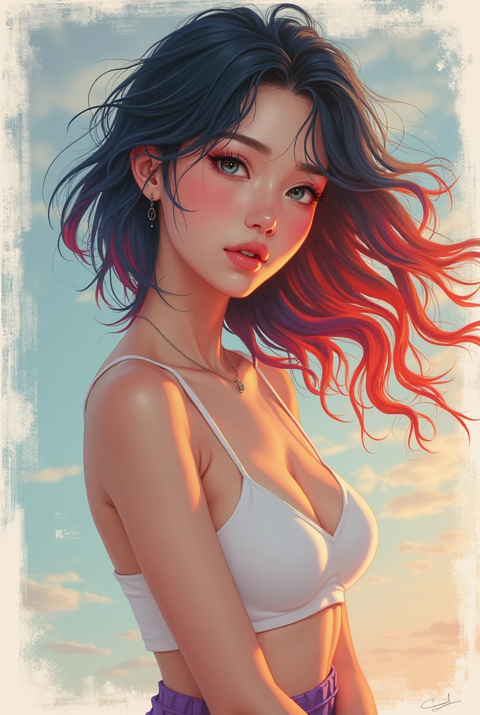 ((masterpiece)), ((Highest quality)),((Crisp body)), (Portrait of a beautiful girl), Eye for perfect detail, Face in perfect detail, Very elaborate nose, Open your mouth, Color shorts, Perfect Teeth, Exposing shoulders, Charm, Perfect Face, Dimples on cheeks, Depth of written boundary, High resolution, ((Realistic skin texture)), (Well-proportioned hands), Thin lips, Random color hair, Floating multicolored hair, Narrow waist,Flexible legs,. Pastel Background