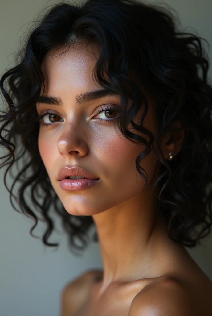 (photorealism:1.2), dark curly hair, fair skin, oval face shape, straight nose, focused gaze, well-defined arched eyebrows, average thickness lips, defined jawline and cheekbones, one girl, naked
