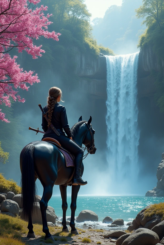 There was a woman on a black horse. She was in a forest, beside him there was a pink tree.
The woman watched, longe, a beautiful waterfall, its waters were crystal clear.
She had a braid, her hair was brown. she wore a black jacket, and was wearing black jeans, wore a boot that went up to his knee. She had a sword on her back, the cable was black with purple details. The woman had a look of admiration