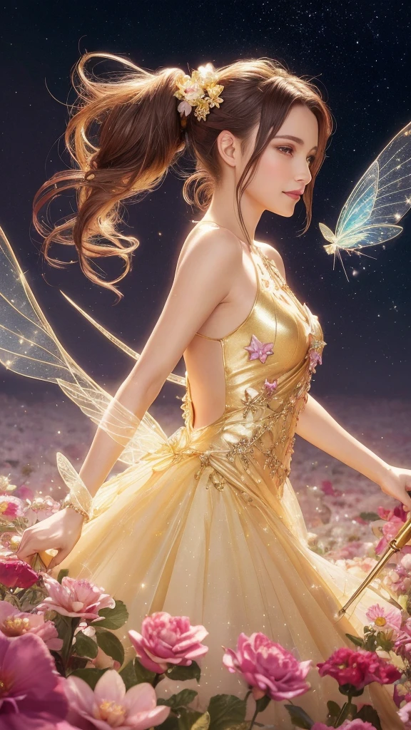 A beautiful flower fairy with gold dress and ponytail hair,holding a starry wand. She has transparent, colorful wings and a gentle smile, facing the viewer directly. The background is a bright, colorful garden full of flowers in a daytime setting, depicted in romantic fantasy digital art, showing only the upper half of her body.