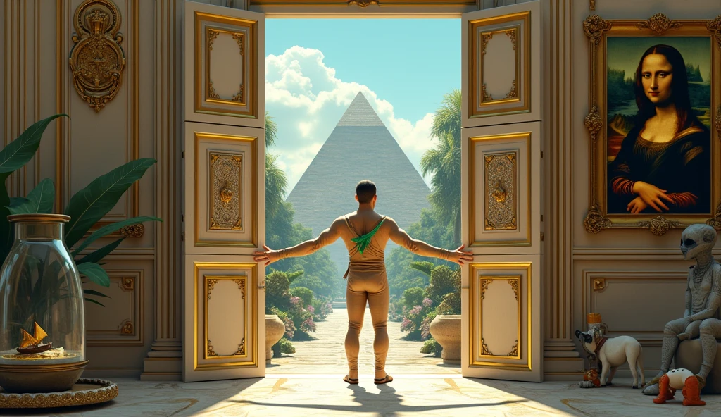 Un homme avec des vêtements futuristes pousse des deux mains des portes futuristes  avec des figures géométriques de couleurs différentes sur la porte et devant lui une pyramide avec de l'herbe et des animaux ,le tout ressemblent à la peinture que j'ai publié et un robot et à côté devant une des portes et le personnage caucasien avec un Péroqué sur l'épaule et un aspect baroque est légèrement ajouté une soucoupe volante est ajouté et un extra terrestre petit gris,le personnage se tient droits les jambes légèrement écartées en poussant les portes il y a des mécanismes et horlogerie sur les portes et une voiture ancienne améliorée venus du futur ajouté une grande bouteille d'eau avec un bateau sur l'eau dans la bouteille et des poissons tout les détails son de la description sont dans l'image et n'oublions pas l'eau dans la bouteille avec les poissons avec le tout il faudrait un tableau de la Joconde accroché au mur avec des mécanismes sur les portes futuristes,plus futuristes innovant 