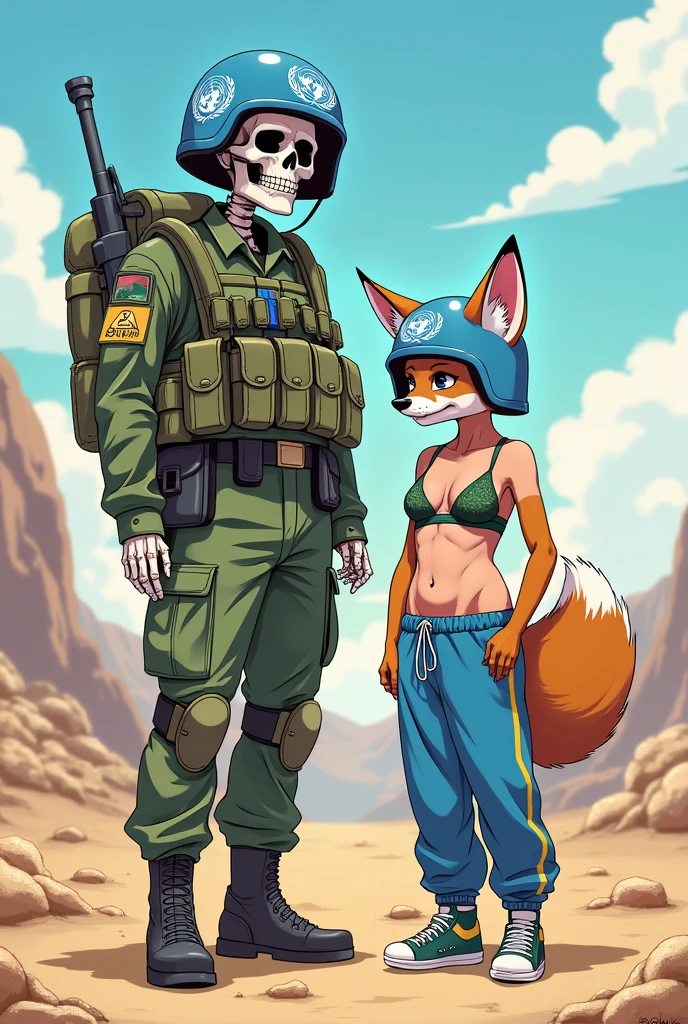Brazilian skeleton soldier with UN helmet, with the company of a furry fox in a bra and sweatpants with a UN helmet on a peace mission in Afghanistan in a cute sexy anime drawing.