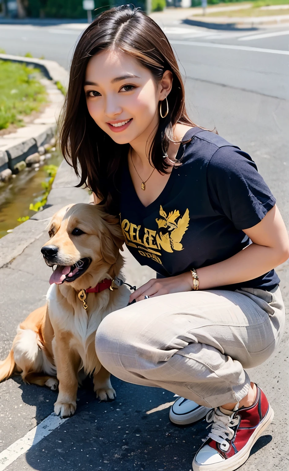 (((Meticulously and realistically depicting limbs based on perfect anatomy))),First Person,Highest quality,8k,Realistic,Portraiture,beautifufl detailed eyes, Beautiful white skin,Long eyelashes,Ulzan 6500,dynamic,(((A 20-year-old beautiful idol walking her golden retriever on a lead along a sidewalk beside a clear stream))),Necklace and earrings match,(((Pair a V-neck T-shirt with loose linen baggy checked pants and sneakers.))),(((The sight of her smiling, squatting with her knees together, petting the dog&#39;s head and talking to it while taking a rest is adorable.))),Narrow waist,(Aerial shot of her and her dog),最高の8k画質,Professional perspective,Great details,Ultra-high resolution,Realistic:1.4),Attention to detail,(Nice body with well-toned, perky hips),Amazing beauty condensed into one girl,Beautiful brown hair braided,A delicate, high nose and glossy lips,Beautiful Face,Model-like long limbs and a slim waist,The short hem shows off her beautifully toned ankles, which are accented by her white sneakers.,