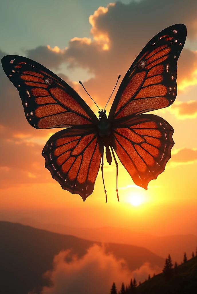 Giant mutant butterfly flying during sunrise