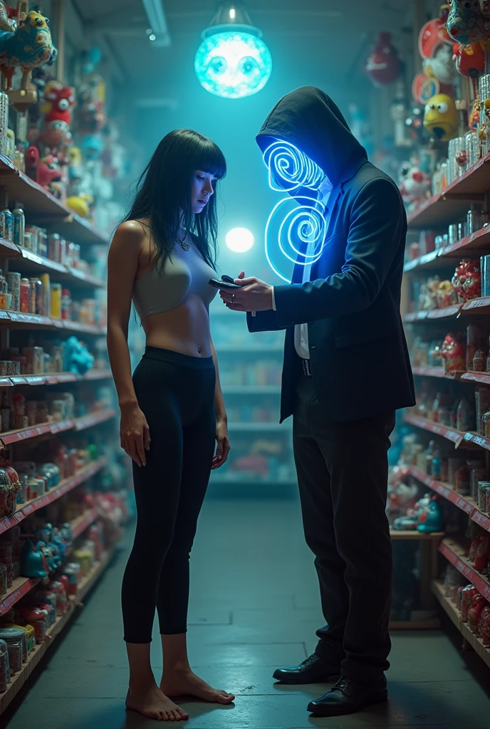 sexy woman standing wearing leggings with hypnotized blue spiral eyes and her mind controlled by beside her and holding remote control in toy shop