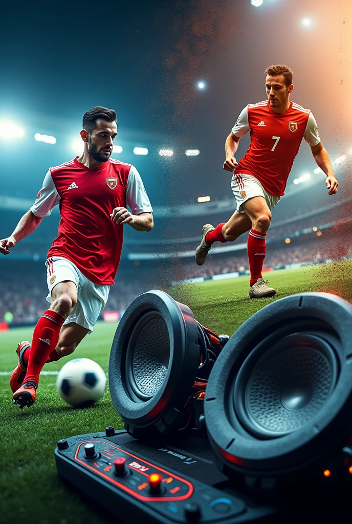 Create a collage including 2 images of soccer and 3 of car audio 