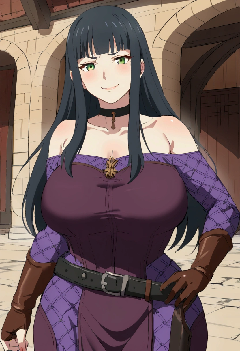 {{upper body, dutch angle}} {{Artist: sincos}} 1girl, mature female, warrior, black hair, long hair, hime cut, short bangs, green eyes, fair skin, black choker, leather dress, purple patterns on dress, perky chest, exposed shoulders, leather gloves, black belt, village center, standing, hand on dagger, curvy hips, slightly chubby, smug smile, afternoon sky, thick woman, outside, pov, walking to viewer, medieval fantasy.