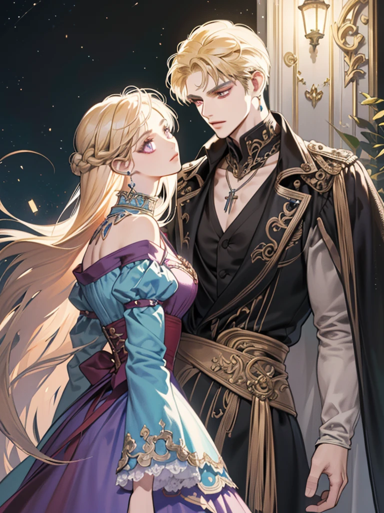 (((((masterpiece+Best Quality+ultra detailed+8K Wallpaper+best illustration)))), intense purple eyes+Pure and indescribable face, long golden hair+earrings+Delicate pendant, single collar, Sparkling Adorned with Diamonds, Waist length dress + Master-level fashion design is well-tailored and stylish, evening dresses, Lighting effects, high quality, The environment surrounding the characters secretly triggers the mysterious and dreamy atmosphere of the characters...