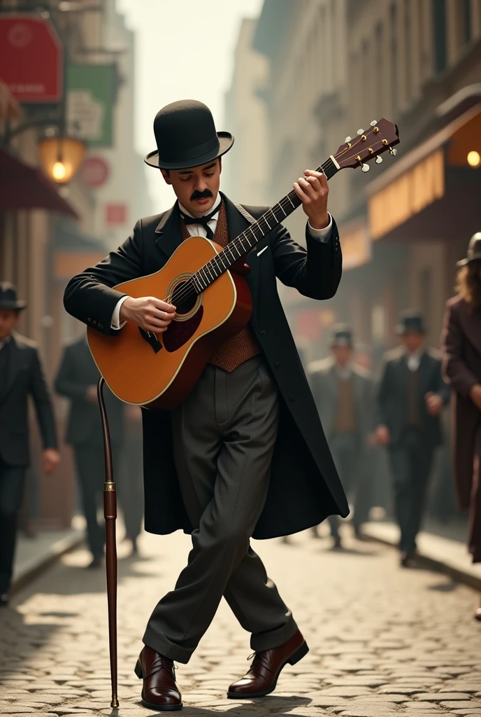 Real actor Charly Chaplin dancing with a guitar in 4k