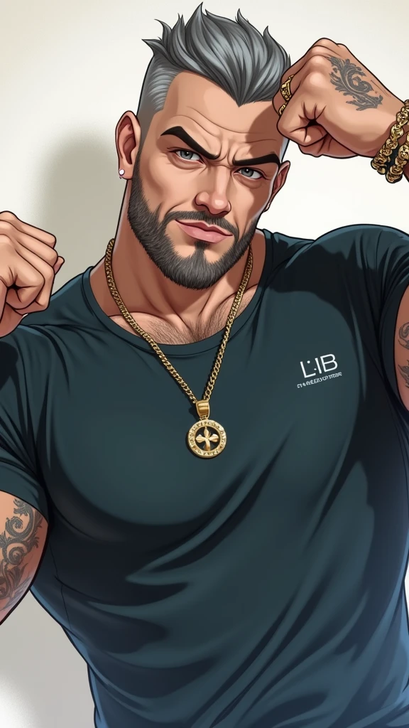 gray hair,Hair on the wrist、chest hair、Gym trainer、40 years,masculine、fade cut、facial hair.、、attractive eyes、darkness、hands to the front、black tank top、gold necklace、intimidating、Haughty、Gold ring、gold bracelet、tattoo、safe、Crossed arms、charming、charisma、Gold Pendant、Gold watches、forehead jewel,Whistling around the neck,hair scrunchy,HD, textured skin, ripped chest