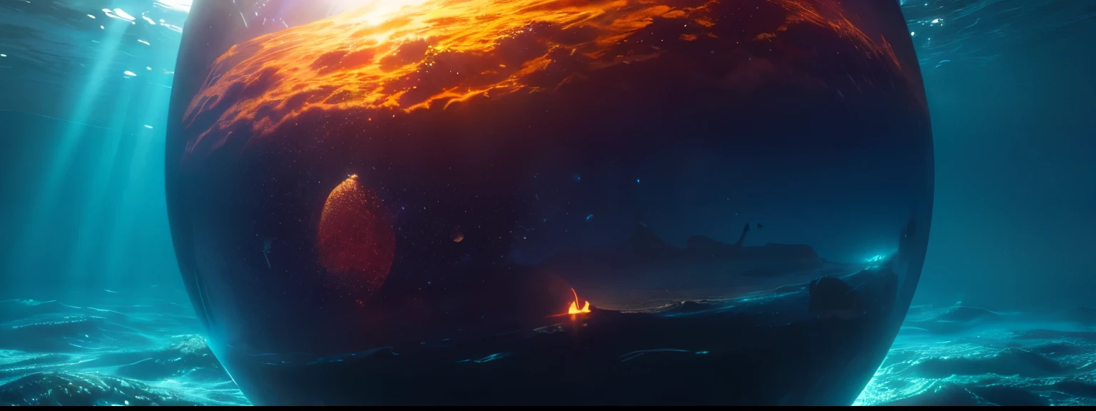 a mystical underwater scene, a glowing sphere on the ocean floor, space inside the sphere, highly detailed 3D, hyper realistic, cinematic lighting, vibrant colors, serene ocean, photorealistic, award winning, masterpiece