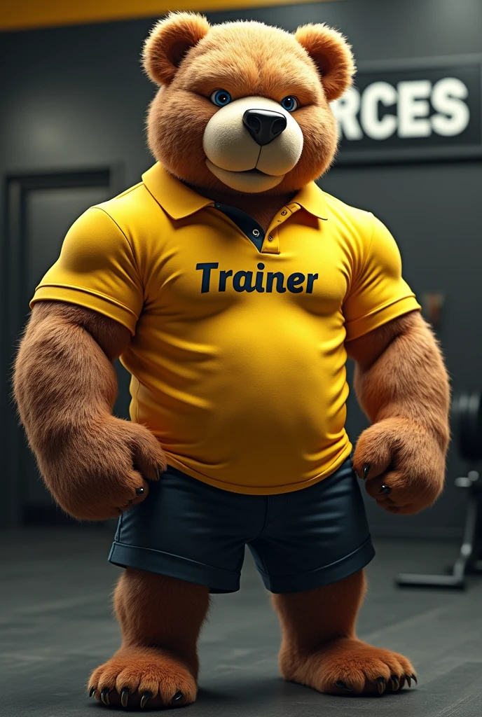 Muscular teddy bear wearing a yellow polo shirt that says trainer, and behind the name of the gym what is it "Forces " In the background the name and the muscular bear look bigger