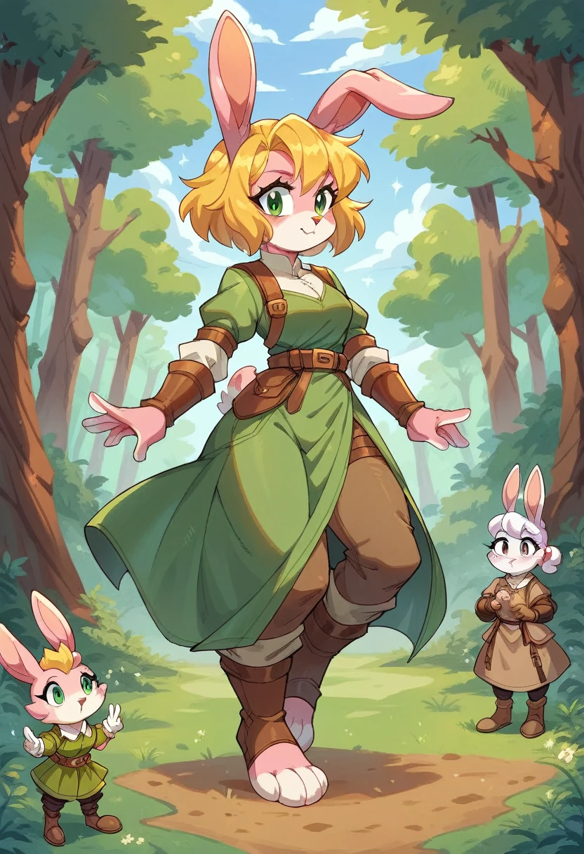 Lyca clothing (AFK Arena), rabbit, yellow hair, character, girl, forest, pink fur, tall, green eyes, ranger archer, pink fur, pink skin, medieval clothing, anthropomorphic, rabbit feet
