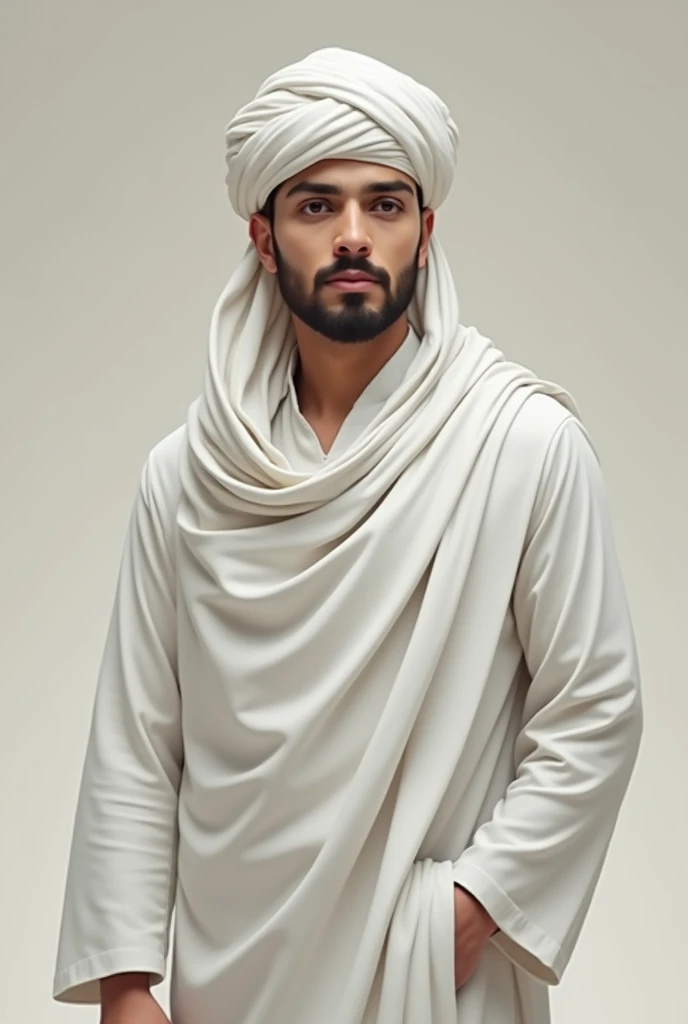 A young Islamic man wearing a turban and wearing a white robe