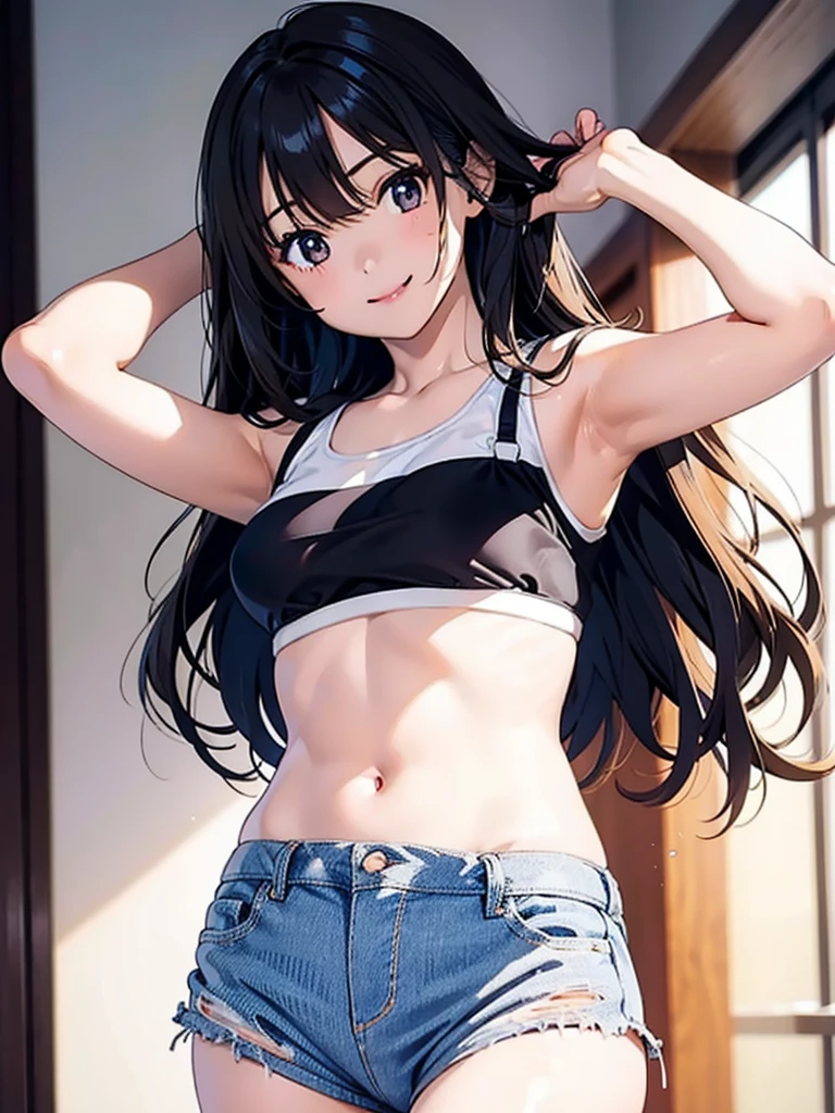 Girl, cute, adorable, smiling, straight hair, long hair, black hair, standing, (right arm up behind:1.2), (shows armpit:1.2), (left　arm Lower waist:1.2), Swayback stance, looking at the camera, From the front, from thighs to head, my room, daylight, bra top