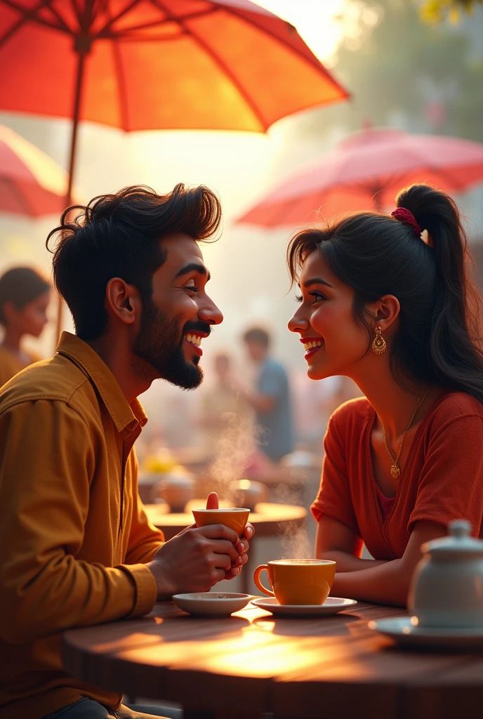 Ajay and Riya are engrossed in a deep conversation, laughing and sharing stories. The tea stall is buzzing around them, but they seem to be in their own world, completely absorbed in each other's company.