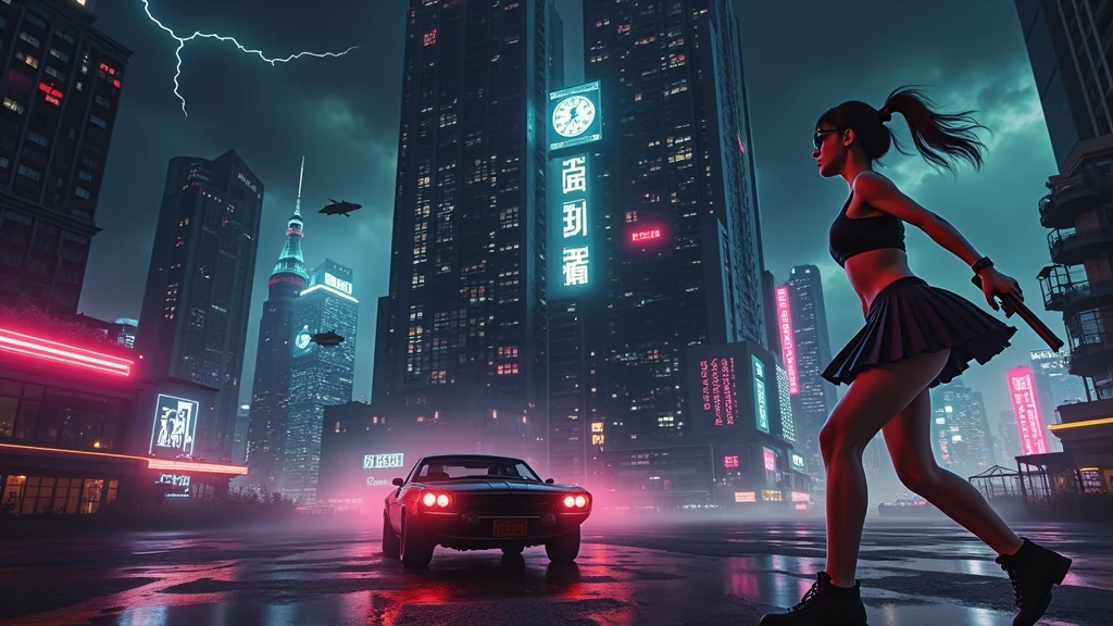 (Wide angle aerial view). At night, simple outlined cyberpunk city, flying cars, all-glass buildings, glowing giant clock tower, lightning, line art background. High-resolution OLED GUI interfaces in the building, The windows are filled with transparent data visualization infographics that show it all, very close-up green glowing cascading code. Colors are saturated and vibrant. At night, (1girl, solo, alone), photorealistic, large-breast slim:0.6 body, oval:0.5 face, black mini bra, cleavage:1.1, deep-v, very low angle view of black pleated miniskirt, white panty, (upskirt), glove, (Matrix style black micro sunglasses), (aiming viewer with a short gun), dynamic running pose, (half-body thigh level close-up shot), cinematic lighting, ray tracing, motion blur background.