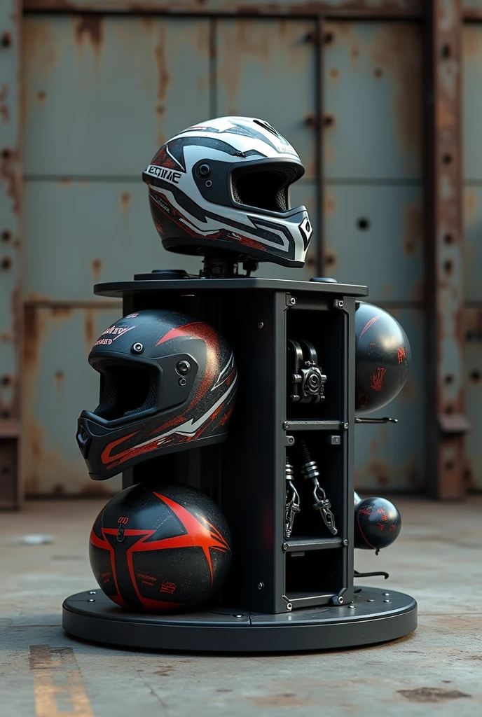 A rotating motorcycle helmet and accessory organizer with a motorcycle-related design