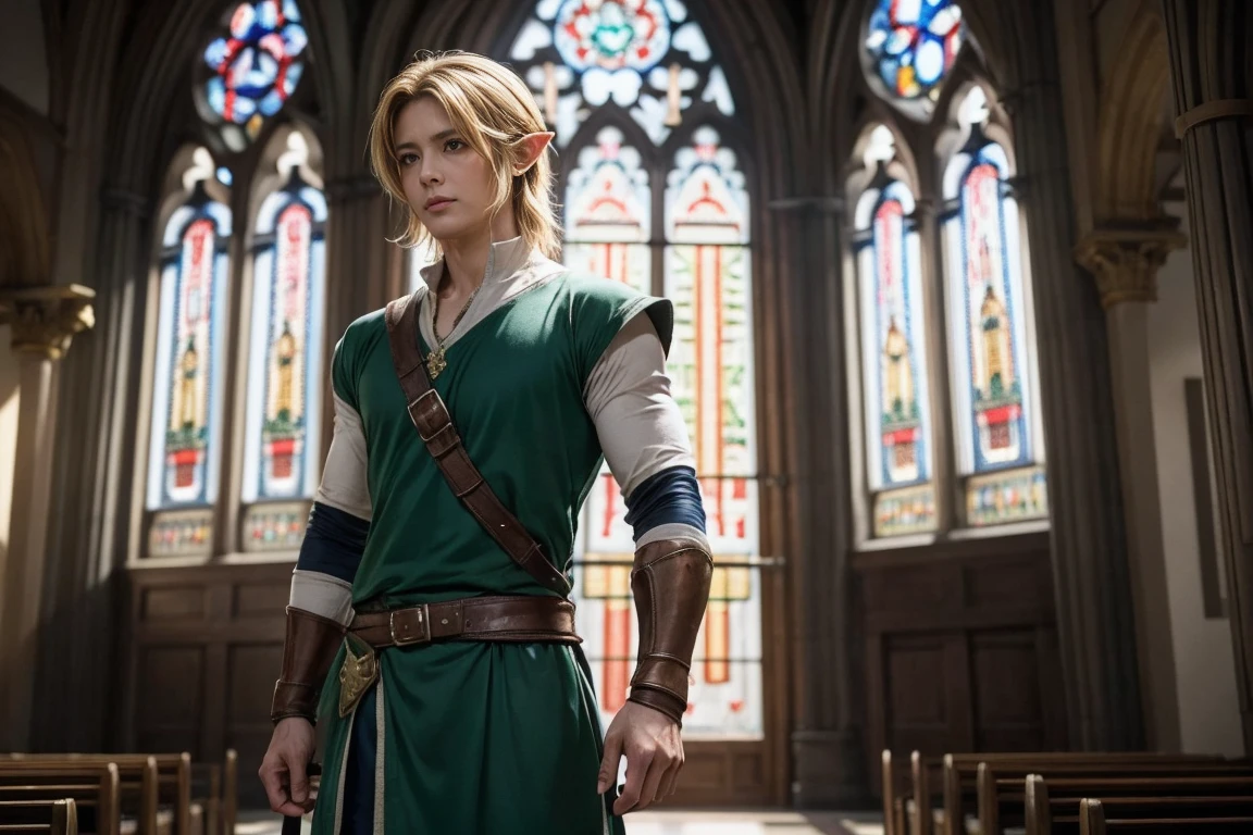 Very detailed, Live Action、Ultra-realistic digital portrait of Link from The Legend of Zelda, Very detailed顔の特徴, Piercing blue eyes, Sharp jawline, disheveled golden hair, Confident expression, 緑をテーマにしたエルフの服

The interior of the church is bathed in a warm, soft light from the stained glass windows, casting gentle hues across the stone walls and floor. Link’s face shows a mixture of relief and steadfast resolve, with his strong jawline and confident stance. He may be resting one hand on the hilt of his sword or adjusting his gear, ready to continue his quest even in this moment of respite.