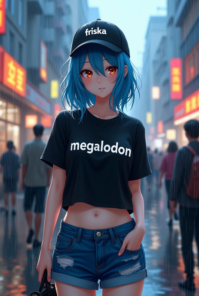 genitals,UHD ,Japanese, girl,woman, lady,female, blue hair, pale skin,2,detailed hair,cute face,city, crowds,Noon,wide hips, girl,rainy,wet body,sweaty,wearing cap with "Friska" letter, black T-shirt with "MEGALODON" letter,jeans