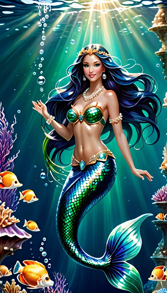 A detailed image of a stunningly beautiful mermaid, depicted in full body. She is slender and graceful, with a captivating, curvaceous figure. Her long, flowing hair cascades down her back, shimmering in shades of deep blue and emerald green, complementing her scales that glisten with iridescent hues. She has large, mesmerizing eyes, a delicate nose, and a beautiful, full mouth that exudes allure and confidence. Her upper body is adorned with natural jewelry made of seashells and pearls, accentuating her large, well-defined breasts.
Her long, elegant tail is sleek and powerful, ending in a fin that fans out like the wings of a butterfly. The background depicts the deep ocean, with a faint glow illuminating her from beneath, highlighting her ethereal beauty. She swims gracefully through the water, surrounded by delicate bubbles and beams of light filtering down from the surface, creating an enchanting and mystical atmosphere.