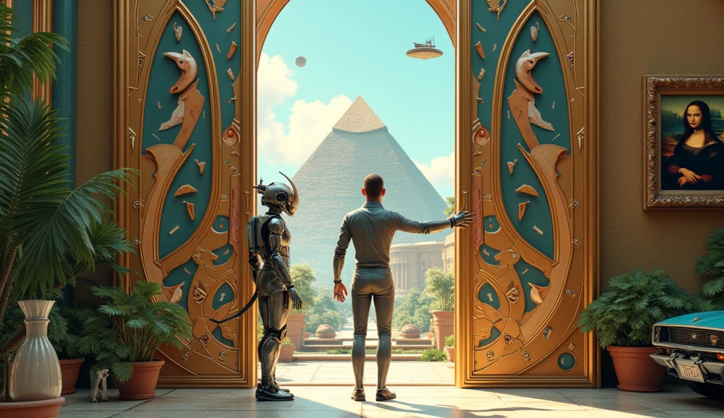 Un homme avec des vêtements futuristes pousse des deux mains des portes futuristes avec des figures géométriques de couleurs différentes sur la porte et devant lui une pyramide avec de l'herbe et des animaux ,le tout ressemblent à la peinture que j'ai publié et un robot et à côté devant une des portes et le personnage caucasien avec un Péroqué sur l'épaule et un aspect baroque est légèrement ajouté une soucoupe volante est ajouté et un extra terrestre petit gris,le personnage se tient droits les jambes légèrement écartées en poussant les portes il y a des mécanismes et horlogerie sur les portes et une voiture ancienne améliorée venus du futur ajouté une grande bouteille d'eau avec un bateau sur l'eau dans la bouteille et des poissons tout les détails son de la description sont dans l'image et n'oublions pas l'eau dans la bouteille avec les poissons avec le tout il faudrait un tableau de la Joconde accroché au mur avec des mécanismes sur les portes futuristes plus futuriste innovant