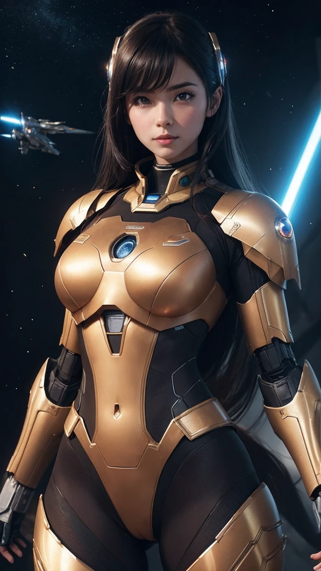 Photographic realism,((Highest quality)), ((Iron Girl masterpiece)), (Very detailed:1.3), 3d, beautiful, (cyber punk:1.2), in space, vague, Holding_arm, laser, (1女の子Mecha:1.3), Sexy Body, To the audience, bright blue eye, whole body, Black Hair, (Flight, descending order, dynamic, Motion Blur: 1.4), (Giant Lightsaber), look up, Shine_eye, Mecha, Panorama, The background is the earth,  nebula, space, particle, reality, High resolution (high dynamic range), Ray Tracing, Super Resolution,Real, Scattered beneath the surface of the water, PBR Textures, Post-processing, Anisotropic Filtering, Written boundary depth, Maximum clarity and sharpness, Multilayer Texture, Albedo and Specular Maps, Surface Shading, Accurate simulation of light-matter interactions, Perfect Proportions, Octane Rendering, Two-tone lighting, Large diameter, Low ISO,  White balance, Three-part method, 8K RAW, Efficient Subpixel, Subpixel Volume, (Highest quality), (Japanese: 0.5),  Semi-long hair, (beautiful胸: 1.2) Star-shaped issue on chest., (((Camel Toe)))