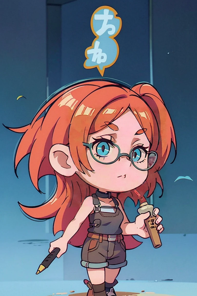 Create a cartoon-style image of a girl. She has curly hair, short and black, with the back of the hair dyed blue. His eyes are brown and he wears round glasses., with an exaggerated style and large to highlight the cartoonish effect. He is wearing denim overalls over a light blue sweater and Converse on his feet.. In one of his hands he holds a pen from a Wacom graphics tablet. The image must be without background and with cartoon characteristics, such as exaggerated facial features and stylized proportions.