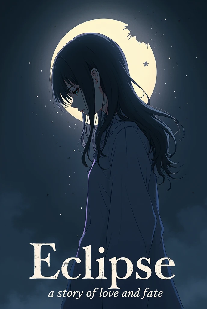 Background:
Color Palette: Use a darker, more somber gradient transitioning from deep blues and grays to muted purples. This will set a melancholic mood. Consider adding subtle textures or shadows to enhance the tragic feel.
Overlay: Soft, almost ghostly sparkles or mist could create a sense of loss or longing, instead of the bright, magical effects.
Central Image:
Character Illustration:
Girl in a Coma: Illustrate the girl with a sorrowful, introspective expression. Her anime-style features should convey deep emotion and vulnerability. Consider having her eyes closed or looking away, adding to the sense of tragedy.
Guy in the Mind: The guy she meets could be portrayed with a wistful, distant look, symbolizing the unattainable nature of their relationship. A faint, ethereal appearance can suggest the ephemeral nature of their connection.
Eclipse: The partially eclipsed moon could be depicted as dim and shadowy, with a subtle crack or shadow effect, representing the theme of brokenness or fate. The moon should blend with the background to emphasize its tragic significance.
Typography:
Title: Eclipse in a distressed or elegant serif font with a subtle texture or faded effect. Use colors like dark silver or muted gold to complement the tragic theme.
Subtitle: “A Story of Love and Fate” in a simple, matching font with a soft, sorrowful hue.
Author’s Name: Positioned at the bottom in a clean, understated font, ensuring it doesn’t distract from the main elements.