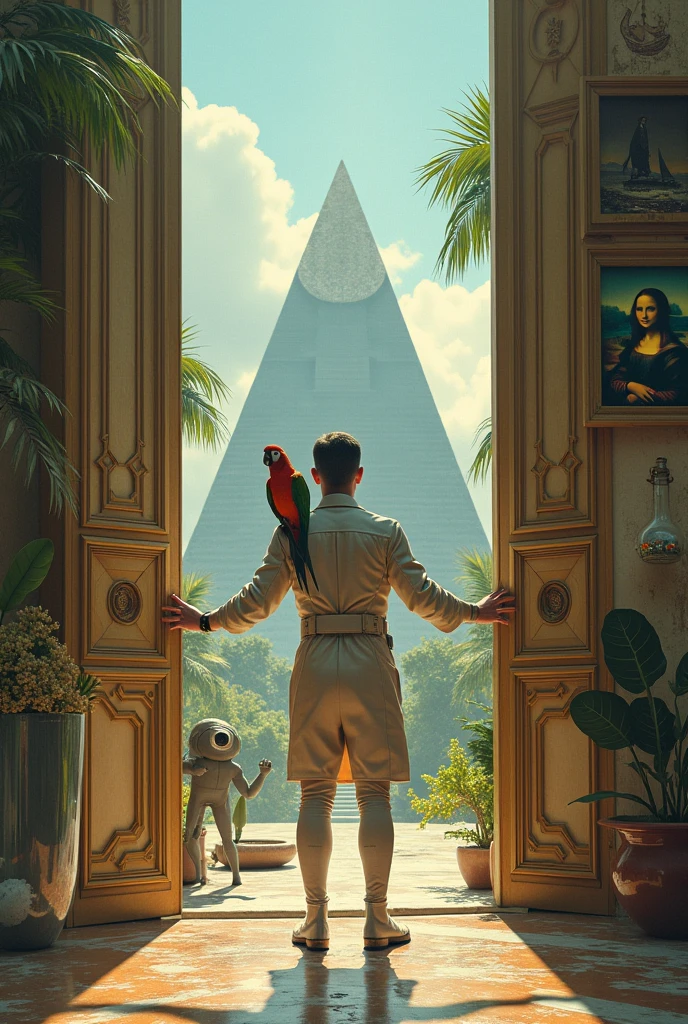 Un homme avec des vêtements futuristes pousse des deux mains des portes futuristes avec des figures géométriques de couleurs différentes sur la porte et devant lui une pyramide avec de l'herbe et des animaux ,le tout ressemblent à la peinture que j'ai publié et un robot et à côté devant une des portes et le personnage caucasien avec un Péroqué sur l'épaule et un aspect baroque est légèrement ajouté une soucoupe volante est ajouté et un extra terrestre petit gris,le personnage se tient droits les jambes légèrement écartées en poussant les portes il y a des mécanismes et horlogerie sur les portes et une voiture ancienne améliorée venus du futur ajouté une grande bouteille d'eau avec un bateau sur l'eau dans la bouteille et des poissons tout les détails son de la description sont dans l'image et n'oublions pas l'eau dans la bouteille avec les poissons avec le tout il faudrait un tableau de la Joconde accroché au mur avec des mécanismes sur les portes futuristes,plus futuristes innovant