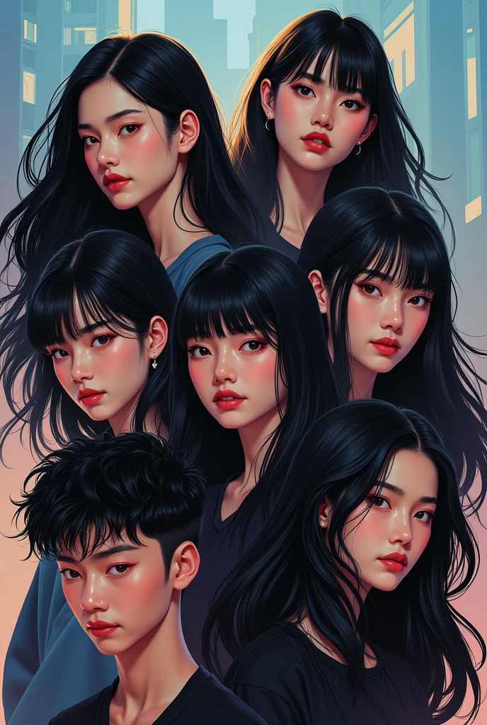 5 girls with black hair and 1 boy with black hair