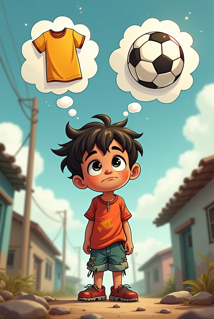 Cartoon of poor boy dreaming about t-shirt, shoes and soccer ball 