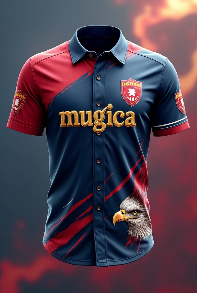 Generate a short sleeve baseball shirt. Includes these aspects, a shield of some institution on the shoulder , includes a blur with the following colors (red, navy blue and white) with a drawing of an eagle on the abdomen, the eagle that is seen as little as possible.  In the part of the chest that says "Mugica" with special type of tra and in golden color. 
That fence blurred with the previous colors. Let all the colors mix together in a kind of blur.
 
