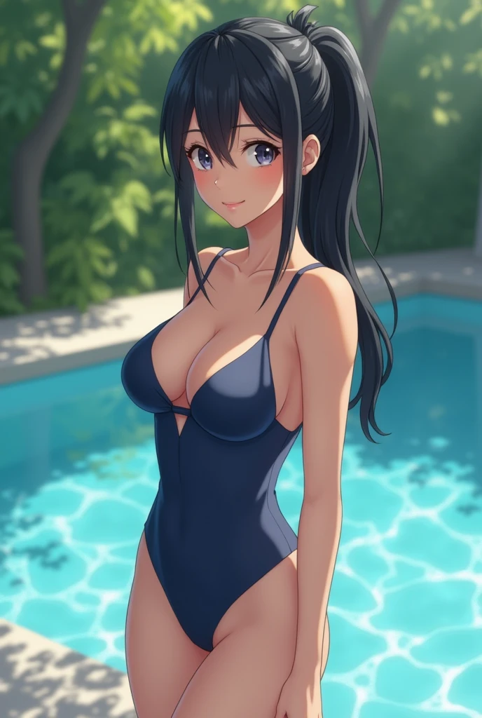 A cute Japanese idol-type woman wearing a navy blue swimsuit, standing by the pool with a shy expression, cute, sexy, beautiful woman, beautiful woman, Japanese beautiful woman, black hair in a ponytail, directing her gaze, 