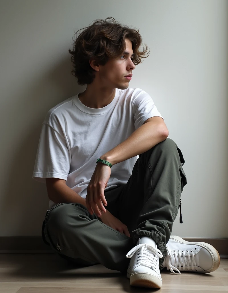 cool boy with 6 pac in little distance, look right, leaning on a wall, sitting on floor、solo、white skinned,(little long hair)、(cargo pants、White sneakers)、Detailed body、(Detailed face) 、(8k ,tmasterpiece、 hyper HD、 Top resolution、 profesional lighting、 Gray light illumination,a little distance, 6 pak