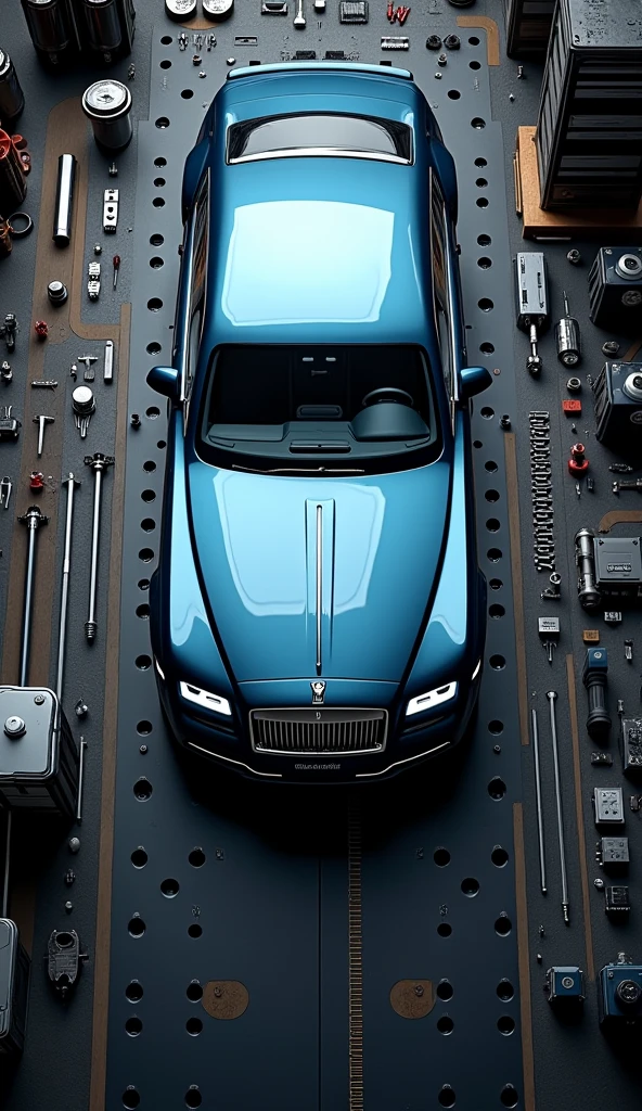 Mobile wallpaper, top-down perspective, real steel blue Rolls Royce car model, placed on a black work panel with rows of neatly arranged small holes on the surface. The work panel is filled with many car parts and tools, including car parts and electronic second-hand parts, assembly tools for parts, tires, knobs, epic details, neatly arranged, complete, parts, details meticulous, realistic, very realistic, surrealistic, real engines, RGB original images, studio lighting, master masterpieces - s 250