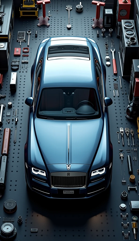 Mobile wallpaper, top-down perspective, real steel blue Rolls Royce car model, placed on a black work panel with rows of neatly arranged small holes on the surface. The work panel is filled with many car parts and tools, including car parts and electronic second-hand parts, assembly tools for parts, tires, knobs, epic details, neatly arranged, complete, parts, details meticulous, realistic, very realistic, surrealistic, real engines, RGB original images, studio lighting, master masterpieces - s 250