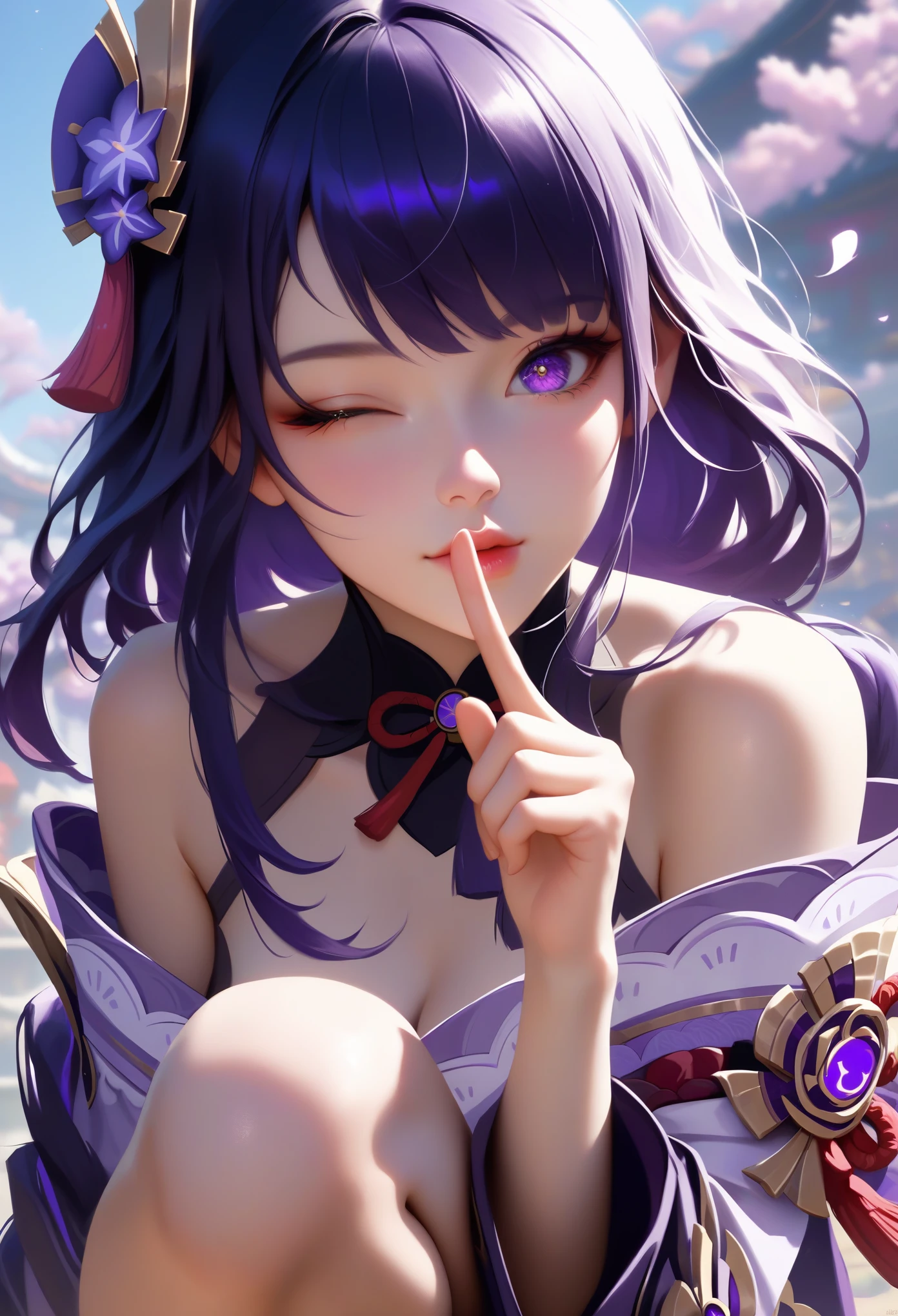 score_9, score_8_superior, score_7_superior,sauce_anime, High-resolution images,masterpiece,Highest quality,girl,Cute Face,Beautiful Skin,_Shogun_Genshin Impact, Purple long hair,One finger raised to his lips,Winking with one eye closed,Slouching