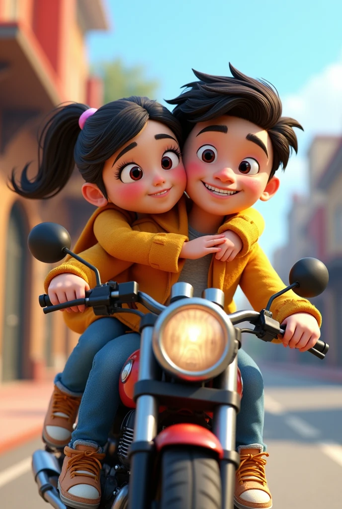 Animated couple white girl and dark-haired boyfriend riding a motorbike hugging each other 