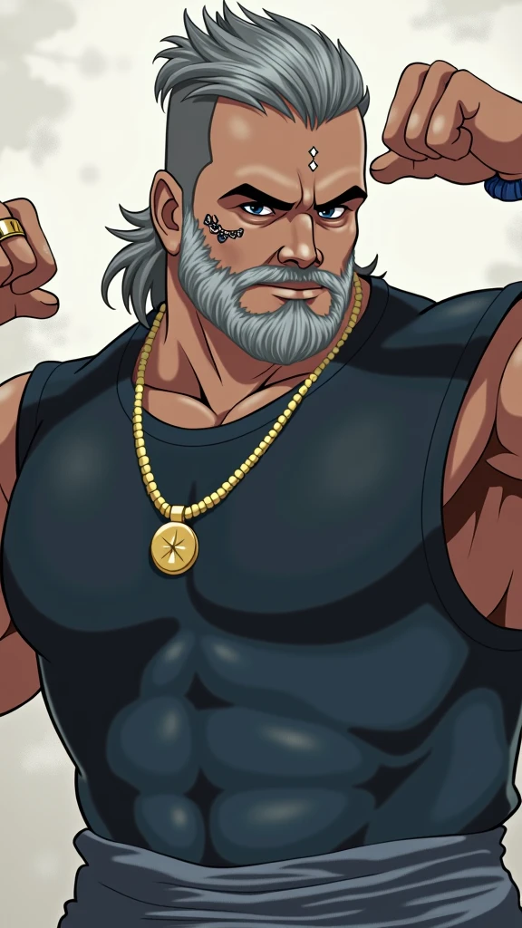gray hair,Hair on the wrist、chest hair、Gym trainer、40 years,masculine、fade cut、facial hair.、、attractive eyes、darkness、hands to the front、black tank top、gold necklace、intimidating、Haughty、Gold ring、gold bracelet、tattoo、safe、Crossed arms、charming、charisma、Gold Pendant、Gold watches、forehead jewel,Whistling around the neck,hair scrunchy,HD, textured skin, ripped chest