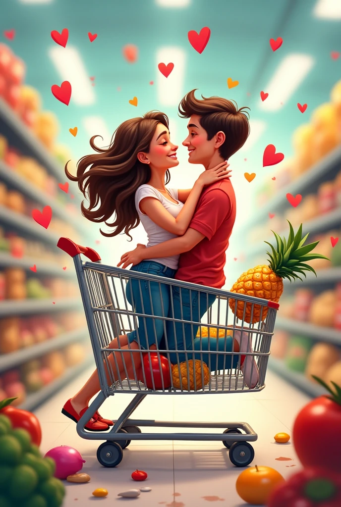 A couple in love crashing a shopping cart at the supermarket with an upside down pineapple and other groceries inside and hearts around them