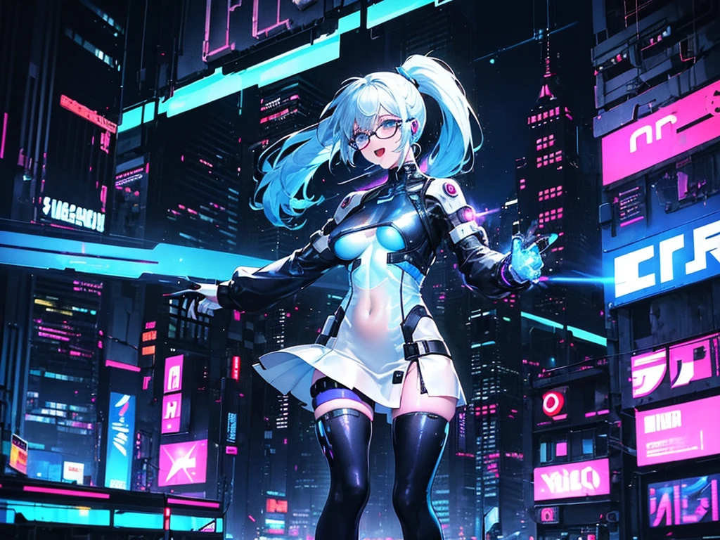 woman,,,city,night,(((White and blue cyberpunk bodysuit with tight miniskirt))),,Laughing with your mouth open((See through))Glasses,((Beautiful long ponytail)),((Girl's body type))