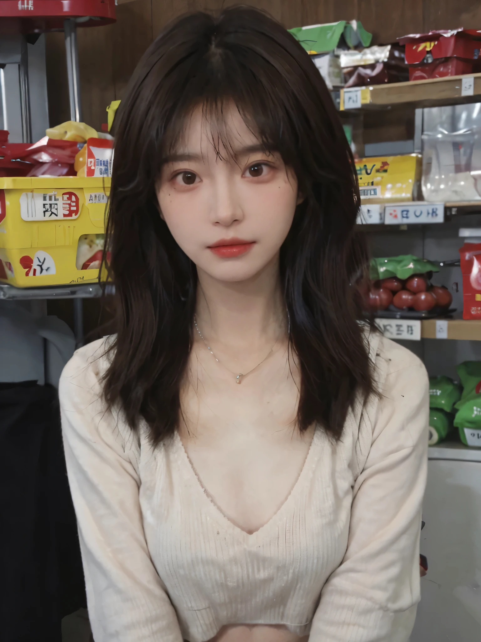 Best quality,Ultra-high resolution,(Realism:1.4),Cute hairpins,Baoyu Girl,1 Girl,Red short sweater,Beautiful woman with a slim figure:1.4,Abdominal muscles:1.1,(Brown hair,Mid-chest:1.3),supermarket,Super delicate face,Exquisite eyes,Double eyelids,make faces,necklace
