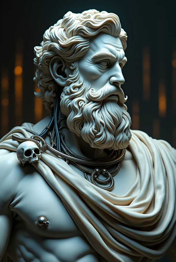 A closeup of a statue of a strong man, com barba, A marble sculpture of Zeus, classical realism, macho, wise, postura de poder, marble carving, 8k, cinemactic, (skulls :0.3) ,(blood vessels attached to tubes),(biomechanical vertebra attached to the thorax),((biomechanical cervical attachment to the neck)) ((Masterpiece artwork), (best qualityer), (ultra detali), fancy, scientific fiction, horor, ((from front view)), alien Realistic, intrikate ((biomechanical detail)), (Metal details), cyberpunkstyle, neon light, work-πrima, awarded photo, analogue style, dark bedroom, Dappled Light
