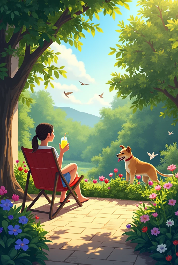 I am sitting on the patio, enjoying the warmth of the sun. The birds are chirping in the trees, and the flowers are blooming beautifully. My dog is running around the garden, chasing butterflies, while I am sipping on a refreshing glass of lemonade. Everything is peaceful, and I am feeling completely relaxed in my ideal garden.
de acuerdo al texto anterior puedes darme una imagen que cumpla con las características anteriores