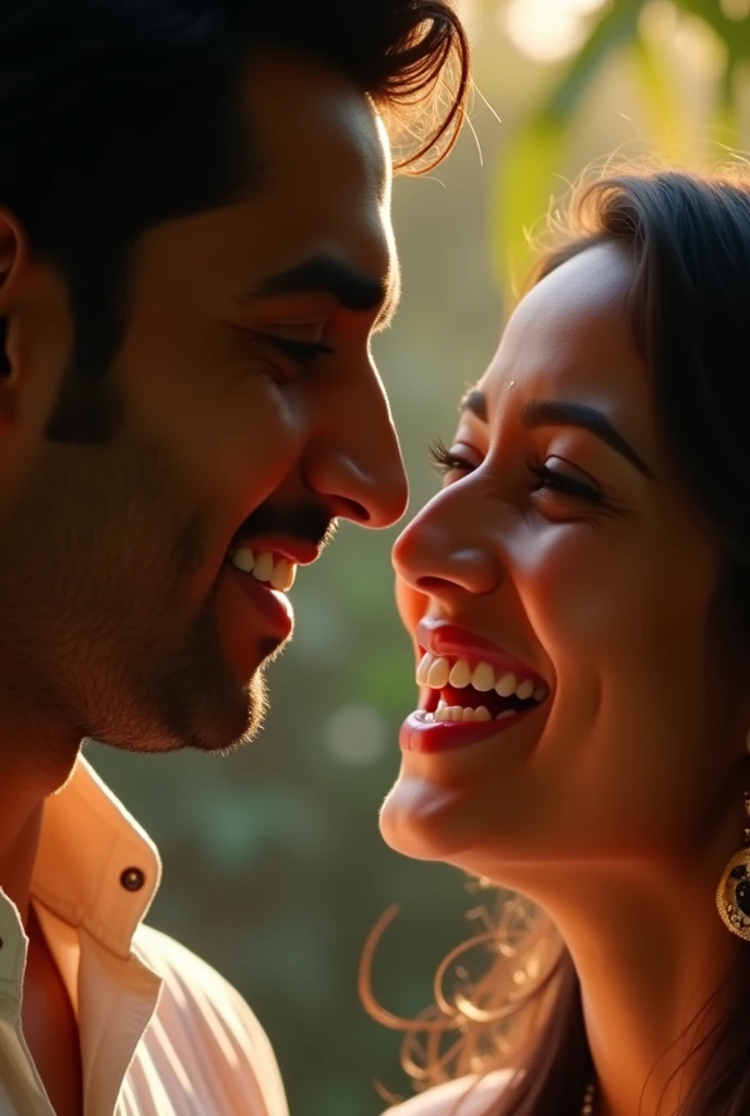 A close-up of Riya laughing heartily. Her eyes are closed, and her face is lit up with joy. Ajay, sitting across from her, is looking at her with admiration and a smile that shows he is completely captivated by her.