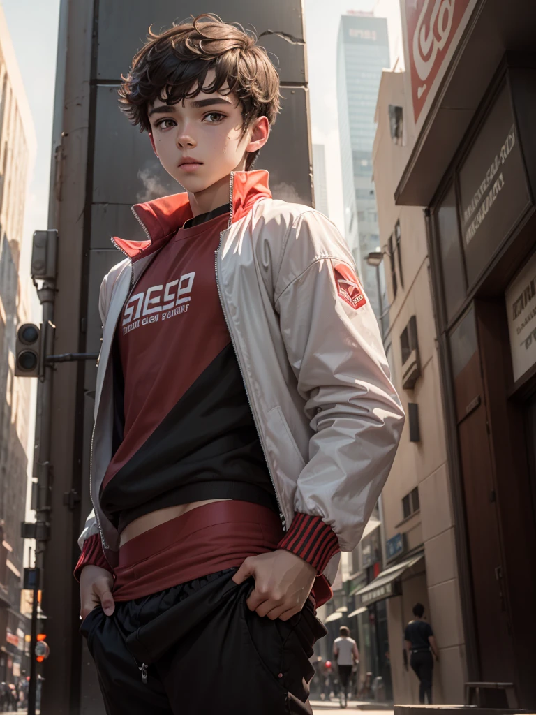 A boy, slightly dark brown hair, skin fair, lightbrown eyes, light gray jacket, Red shirt, black pants, Red sneakers, looking at the camera, Setting of a futuristic city